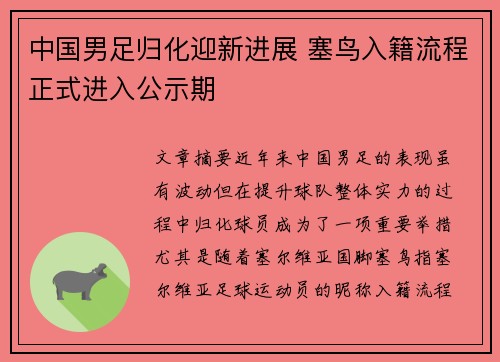 中国男足归化迎新进展 塞鸟入籍流程正式进入公示期