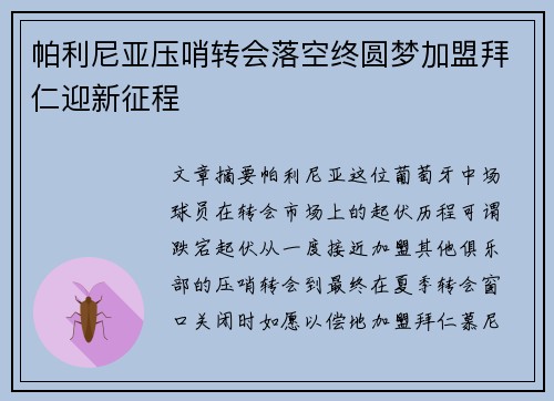 帕利尼亚压哨转会落空终圆梦加盟拜仁迎新征程